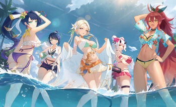 5girls :o ahoge alexa_(epic_seven) aqua_eyes arm_strap arm_up armpit_crease arms_up ass ass_lift bare_shoulders bellona_(epic_seven) belt bikini bikini_skirt black_bikini black_choker black_horns black_ribbon black_tail black_trim blue_hair blue_shorts blue_sky bow bowtie bracelet braid braided_bangs breasts brown_belt cermia_(epic_seven) cermia_(swimsuit_cermia)_(epic_seven) choker cloud collarbone criss-cross_halter cropped_shirt cross-shaped_pupils dagger day double-parted_bangs double_bun epic_seven fang floral_print floral_print_shirt floral_print_skirt flower flower_request frilled_bikini frilled_straps frills from_behind from_below front-tie_top gem gold_thighlet gradient_hair green_bikini green_gemstone hair_between_eyes hair_bun hair_flower hair_ornament hair_ribbon halterneck hand_on_own_ass hand_on_own_head hand_on_own_hip high_ponytail highres holiday_yufine_(epic_seven) horns impossible_clothes impossible_swimsuit inflatable_toy iseria_(epic_seven) jewelry knife large_breasts long_hair looking_at_viewer looking_back medium_breasts medium_hair multicolored_hair multiple_girls navel open_mouth orange_belt orange_eyes outdoors pink_bikini pink_flower pointy_ears ponytail print_skirt purple_bikini purple_eyes purple_hair red_flower red_hair ribbon ribbon_earrings sarong seaside_bellona_(epic_seven) serelith shin_strap shirt short_shorts short_sleeves shorts sidelocks single_braid single_thighhigh skin_fang skirt sky sleeveless sleeveless_shirt smile spiked_tail standing strapless strapless_bikini summer&#039;s_disciple_alexa_(epic_seven) summertime_iseria_(epic_seven) sunlight swimsuit symbol-shaped_pupils tail tassel teeth thick_eyelashes thigh_strap thighhighs thighlet thighs tied_shirt tree upper_teeth_only v-shaped_eyebrows very_long_hair wading water weapon white_bikini white_flower white_hair white_sarong white_shirt white_thighhighs yellow_bikini yellow_bow yellow_bowtie yellow_flower yufine_(epic_seven)