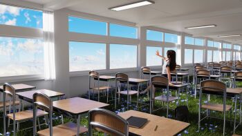 1girl 3d absurdres backpack bag blue_sky brown_hair carrotwithak classroom cloud curtains desk flower grass highres long_hair notebook original pencil school_desk school_uniform serafuku sitting sky solo window