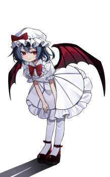 1girl absurdres bat_wings blue_hair bow bowtie closed_mouth commentary_request dress hands_on_own_thighs hat hat_bow highres leaning_forward looking_at_viewer medium_hair mob_cap pantyhose puffy_sleeves red_bow red_bowtie red_eyes red_shoes remilia_scarlet shadow shoes short_sleeves smile solo touhou white_background white_dress white_hat white_pantyhose wings yuineko