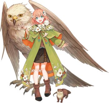 1girl :d animal aqua_eyes bird_request black_skirt boots brown_boots capelet collared_shirt flower full_body game_cg green_capelet green_robe hair_flower hair_ornament hasunosora_fantasy hinoshita_kaho link!_like!_love_live! looking_at_viewer love_live! medium_hair miniskirt non-web_source official_alternate_costume official_art open_mouth orange_hair otter otter_(hasu_no_sora) oversized_animal rabbit_hair_ornament rabbit_on_shoulder robe shirt simple_background skirt smile solo standing transparent_background two_side_up white_flower white_shirt