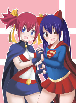 2girls absurdres blue_eyes blue_gloves blue_hair brown_eyes cape commission cosplay crossover dc_comics dmayaichi fairy_tail gloves highres holding_hands long_hair miss_martian miss_martian_(cosplay) multiple_girls red_hair sheria_blendy skirt smile supergirl supergirl_(cosplay) superman_(series) wendy_marvell young_justice