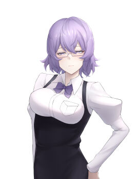 1girl absurdres black_overalls blush breasts cowboy_shot digimon digimon_world_re:digitize glasses hashtag-only_commentary highres medium_breasts mikagura_mirei overall_skirt overalls purple_eyes purple_hair semi-rimless_eyewear shirt short_hair simple_background solo under-rim_eyewear white_background white_shirt zigma_s