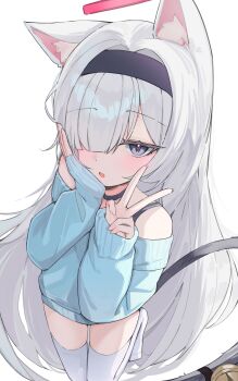 1girl absurdres animal_ears blue_archive blue_eyes from_above halo highres long_hair open_mouth pink_halo plana_(blue_archive) simple_background solo v very_long_hair white_background white_hair ximgyeon