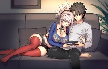 1boy 1girl bare_shoulders black_hair black_pants black_shorts blue_eyes blue_shirt blush breasts cleavage couch dynamitenatalia earrings fate/grand_order fate_(series) fujimaru_ritsuka_(male) hair_ornament highres jewelry large_breasts leaf_earrings long_hair long_sleeves magatama midriff miyamoto_musashi_(fate) navel pants pink_hair ponytail red_thighhighs shirt short_hair short_shorts shorts smile swept_bangs thighhighs white_shirt