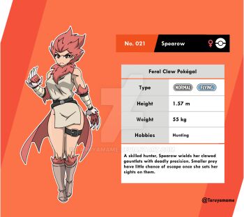 Rule 34 | 1girl, belt, boots, character profile, claw (weapon), closed mouth, commentary, deviantart logo, deviantart username, english commentary, english text, fur-trimmed boots, fur-trimmed collar, fur trim, gen 1 pokemon, gloves, highres, leg belt, looking at viewer, nintendo, no nose, no panties, orange background, pelvic curtain, personification, pokedex number, pokemon, pokemon sword and shield, red fur, red gloves, red hair, sleeveless, solo, spearow, taruyamame, tunic, v-shaped eyebrows, waist cape, weapon