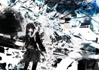 1girl amenosoto black_gloves black_hair black_jacket black_pantyhose black_rock_shooter black_skirt closed_mouth commentary_request dress expressionless frilled_dress frills gloves gun holding holding_gun holding_sword holding_weapon hood jacket long_hair long_sleeves looking_at_viewer pantyhose pleated_skirt red_eyes skirt solo standing sword vocaloid weapon