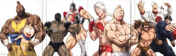 Rule 34 | 6+boys, absurdres, alexandria meat, armor, beard, biceps, blonde hair, brocken jr., claw (weapon), clenched hands, congratulations, dark skin, facial hair, fighting stance, geronimo (kinnikuman), grin, hat, helmet, highres, kinniku suguru, kinnikuman, kinnikuman (character), looking at viewer, manly, mask, military hat, military uniform, multiple boys, muscular, official art, one eye closed, open mouth, pectorals, prince kamehame, ramenman, robin mask, scan, smile, solo, standing, terryman, title, warsman, weapon, white background, wrestling, wrestling mask, wrestling outfit