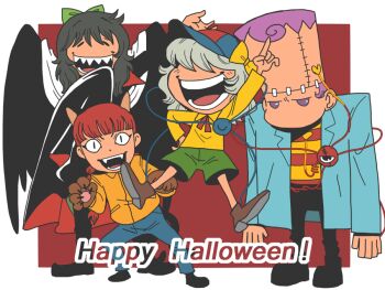 4girls animal_ears animal_hands baseball_cap black_hair black_wings blue_coat blue_hat blue_pants blunt_bangs bow braid cape cat_ears cat_girl closed_eyes coat commentary_request cosplay extra_ears feathered_wings frankenstein&#039;s_monster frankenstein&#039;s_monster_(cosplay) full_body gloves green_bow green_shorts grey_hair hair_bow hair_over_eyes halloween halloween_costume happy_halloween hat jumping kaenbyou_rin komeiji_koishi komeiji_satori long_hair looking_at_viewer multiple_girls no_mouth onikobe_rin open_clothes open_coat open_mouth pants paw_gloves purple_eyes purple_hair red_background red_hair reiuji_utsuho sharp_teeth shirt short_hair shorts smile standing teeth touhou twin_braids unamused vampire_costume white_cape wig wings yellow_bow yellow_shirt