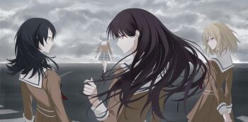 Rule 34 | 4girls, absurdres, arms behind back, bang dream!, bang dream! it's mygo!!!!!, black hair, black socks, blonde hair, breasts, brown dress, brown shirt, brown shoes, chinese commentary, cloud, commentary request, commission, crosswalk, dress, floating hair, green eyes, grey skirt, hanasakigawa school uniform, hand up, highres, kaname raana, long hair, long sleeves, medium breasts, medium hair, misumi uika, mole, mole under eye, multiple girls, plaid clothes, plaid skirt, purple eyes, sailor collar, sailor dress, school uniform, second-party source, shiina taki, shirt, shoes, short hair, skirt, socks, walking, white hair, white sailor collar, xianjian lingluan, yahata umiri