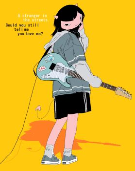 Rule 34 | 1girl, 666, absurdres, black eyes, black hair, black shorts, blue jacket, cable, chewchewer, closed mouth, colored skin, commentary, demon, demon girl, demon horns, demon tail, english commentary, english text, from behind, full body, guitar, headphones, headphones around neck, highres, holding, holding guitar, holding instrument, horns, instrument, jacket, kappa (chewchewer), long hair, looking at viewer, microsoft paint (medium), original, red skin, shadow, shorts, simple background, solo, sticker, tail, white trim, yellow background