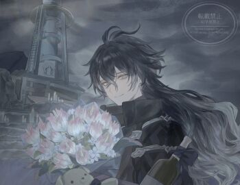 1boy antenna_hair bottle bouquet bow closed_mouth cloud cloudy_sky coat collared_coat commentary_request crossed_bangs double-parted_bangs flins_(genshin_impact) flower genshin_impact gradient_hair greyscale highres holding holding_bouquet ladder lighthouse long_hair looking_to_the_side male_focus monochrome multicolored_hair outdoors popped_collar sideways_glance sky smile solo stuffed_animal stuffed_toy sxiahpfyir50874 very_long_hair watermark wine_bottle