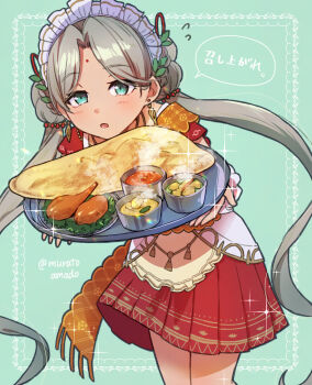 1girl :o alternate_costume aqua_eyes blush chicken_(food) commentary_request cowboy_shot dark-skinned_female dark_skin dress earrings enmaided flying_sweatdrops food grey_hair hair_ornament heaven_burns_red highres holding holding_tray indian jewelry leaf_hair_ornament long_hair looking_at_viewer low_twintails maid maid_headdress muratoamado open_mouth parted_bangs pleated_dress red_dress short_sleeves solo sparkle speech_bubble steam translation_request tray twintails two-tone_dress very_long_hair vritika_balakrishnan white_dress