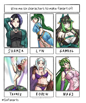 Rule 34 | 6+girls, alboeire, blonde hair, breasts, dragalia lost, fallen angel gabriel (dragalia lost), female robin (fire emblem), fire emblem, fire emblem: shadow dragon, fire emblem: the blazing blade, fire emblem: three houses, fire emblem awakening, gloves, green hair, large breasts, long hair, lyn (fire emblem), multiple drawing challenge, multiple girls, nagi (fire emblem), navel, nintendo, pokemon, pokemon legends: z-a, ponytail, purple hair, shamir nevrand, six fanarts challenge, taunie (pokemon), twintails