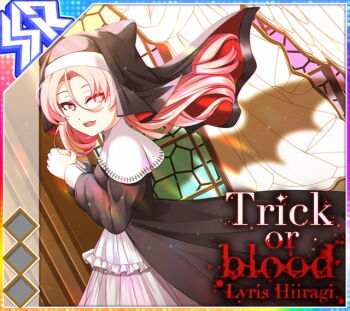 Rule 34 | 1girl, album cover, bat wings, black dress, black hat, character name, cover, cowboy shot, different shadow, dot nose, dress, english text, fang, from side, game cg, hair between eyes, halloween, hat, hiiragi lyris, idol wars, long hair, long sleeves, looking at viewer, looking to the side, mole, mole under eye, nun, official art, open mouth, own hands together, parted bangs, pink hair, shadow, smile, solo, stained glass, teeth, third-party source, upper teeth only, wings