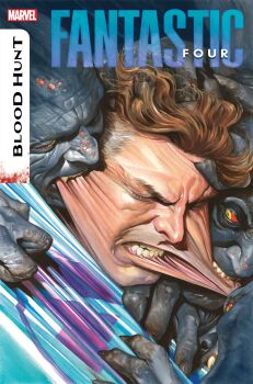 1boy 2others absurdres alex_ross biting biting_another's_lip blue_bodysuit bodysuit brown_hair colored_sclera colored_skin comic_cover copyright_logo copyright_name english_text face_stretching fangs fantastic_four grey_skin head_biting highres lip_pull logo male_focus marvel mature_male multiple_others official_art red_sclera reed_richards short_hair superhero_costume teeth upper_body vampire western_comics_(style) white_hair yellow_eyes