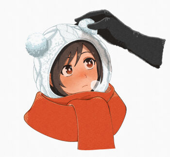 Rule 34 | 1boy, 1girl, black gloves, blush, brown eyes, brown hair, closed mouth, cropped head, final fantasy, final fantasy vii, final fantasy vii: ever crisis, gloves, hair between eyes, hand on another's head, knit hat, official alternate costume, pom pom hat ornament, red scarf, s m man, scarf, short hair, upper body, vincent valentine, white background, white hood, yuffie kisaragi, yuffie kisaragi (winter moogle)
