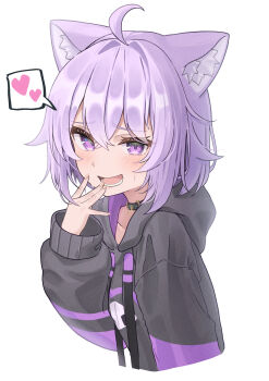1girl absurdres ahoge animal_ear_fluff animal_ears black_collar black_hoodie blush cat_ears cat_girl collar food_print heart highres hololive hood hoodie kuronekootuta looking_at_viewer medium_hair nekomata_okayu nekomata_okayu_(1st_costume) onigiri_print open_mouth purple_eyes purple_hair smile solo spoken_heart virtual_youtuber white_background