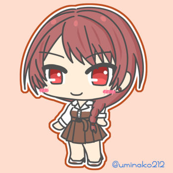 braid brown_dress chibi commentary_request dress ear_piercing kantai_collection looking_at_viewer medium_hair nevada_(kancolle) one-hour_drawing_challenge piercing pink_background red_eyes red_hair side_braid signature smile umineko212