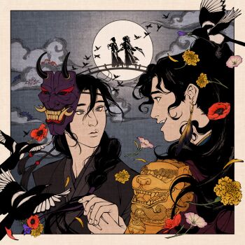 2boys animal armor bird black_eyes black_hair black_hanfu blue_shirt bluebell_(flower) border braid brown_border brown_eyes cape chinese_clothes cloud commentary earrings english_commentary feather_earrings feathers flower flying frown full_moon gold_trim grey_sky hair_between_eyes hanfu high_ponytail highres holding_hands jewelry lion_armor long_hair magpie male_focus marigold mask mask_on_head moon morning_glory multiple_boys night night_sky oni_mask parted_lips petals pink_flower ponytail poppy_(flower) purple_flower purple_mask quan_yizhen red_cape red_flower shirt shoulder_armor silhouette single_braid sky smile tassel teardew tianguan_cifu upper_body yaoi yellow_flower yin_yu