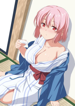 1girl absurdres bath_yukata blush breasts commentary_request cup drunk highres holding holding_cup japanese_clothes kimono large_breasts looking_at_viewer nori_tamago pink_hair red_eyes saigyouji_yuyuko short_hair sitting solo touhou white_kimono yukata