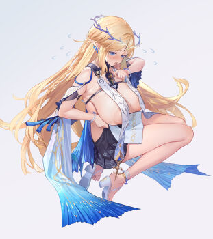 1girl alternate_breast_size_(larger) areola_slip blonde_hair blue_eyes blush bracelet braid breast_curtains breasts cartethyia_(wuthering_waves) commentary_request crown_of_thorns earrings flying_sweatdrops full_body high_heel_sandals highres huge_breasts jewelry large_breasts long_hair multiple_earrings pointy_ears sandals simple_background solo tacet_mark_(wuthering_waves) u-suke_(supertie) very_long_hair wuthering_waves