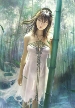1girl bamboo bamboo_forest breasts brown_eyes brown_hair cleavage dress eat eat0123 female_focus forest hair_ornament large_breasts long_hair nature original realistic solo standing