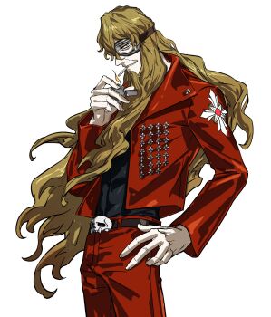 Rule 34 | 1boy, ace attorney, ace attorney investigations, ace attorney investigations 2: prosecutor's gambit, belt, belt buckle, black shirt, bonetrap, brown belt, brown hair, buckle, cigarette, covered abs, cowboy shot, excelcius winner, goggles, hand on own hip, highres, holding, holding lighter, jacket, lapel pin, lighter, long hair, male focus, open clothes, open jacket, pants, red jacket, red pants, shirt, simple background, solo, white background