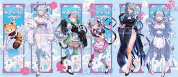 5girls alternate_costume animal_costume apron ariane_the_labrynth_servant arianna_the_labrynth_servant arias_the_labrynth_butler asymmetrical_legwear breast_cutout breasts chibi cleavage commentary_request demon_girl demon_horns demon_tail demon_wings drill_hair duel_monster finger_to_mouth full_body gloves green_eyes green_skirt grey_eyes grey_hair halterneck high_heels highres horns hsin knight_(yu-gi-oh!) lady_labrynth_of_the_silver_castle lady_labrynth_of_the_silver_castle_(alternate_art) large_breasts looking_at_viewer lovely_labrynth_of_the_silver_castle maid_apron maid_headdress mismatched_legwear monocle multiple_girls one_eye_closed pelvic_curtain pink_eyes pink_skirt pointy_ears sample_watermark shushing sideboob skirt sleeves_past_wrists standing striped_tail tail thighhighs thighs twin_drills watermark wings wrist_cuffs yu-gi-oh!