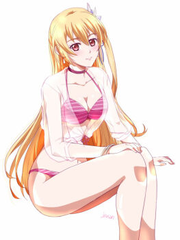 Rule 34 | 1girl, alisa reinford, artist name, bikini, blonde hair, bracelet, breasts, choker, cleavage, commentary, double-parted bangs, earrings, eiyuu densetsu, hair between eyes, hajimari no kiseki, jewelry, long hair, looking at viewer, medium breasts, pink bikini, red eyes, see-through clothes, see-through shirt, sen no kiseki (series), shirt, side ponytail, simple background, sitting, smile, solo, striped bikini, striped clothes, swimsuit, white background, xiacheng tatsuya