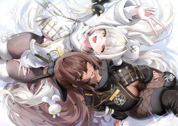 Rule 34 | 2girls, absurdres, alternate breast size (larger), black boots, black coat, black nails, black pantyhose, blanc (fortune express) (nikke), blanc (nikke), boots, breasts, brown hair, coat, commentary, dark-skinned female, dark skin, fang, fishnet pantyhose, fishnets, goddess of victory: nikke, hair intakes, highres, huge breasts, long hair, multiple girls, murabana44, noir (nikke), official alternate costume, open mouth, pantyhose, parted lips, siblings, sisters, skin fang, smile, symbol-only commentary, v, very long hair, white boots, white coat, white hair, white nails, yellow eyes