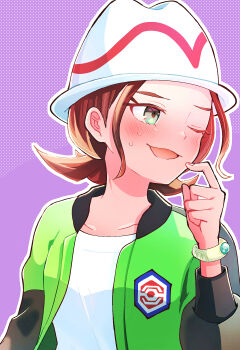 1girl blue_eyes blush brown_hair commentary_request harmony_(pokemon) hat highres jacket mega_ring nintendo one_eye_closed open_clothes open_jacket open_mouth pink_background pokemon pokemon_legends:_z-a ric_(aceradio) shirt short_hair simple_background solo sweat white_hat white_shirt