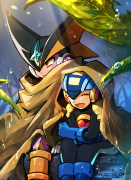 2boys bass.exe_(mega_man) black_bodysuit black_helmet blue_gloves bodysuit brown_cloak cloak commentary_request gloves helmet leaf male_focus mega_man_(series) mega_man_battle_network_(series) megaman.exe multiple_boys pechka red_eyes sitting water_drop
