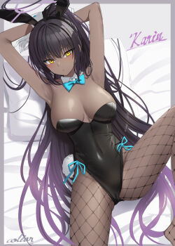 Rule 34 | 1girl, animal ear hairband, animal ears, aqua bow, aqua bowtie, arms behind head, black hair, black leotard, blue archive, bow, bowtie, breasts, character name, collar color, commentary request, dark-skinned female, dark skin, detached collar, fake animal ears, fishnet pantyhose, fishnets, hairband, halo, highres, karin (blue archive), karin (bunny) (blue archive), large breasts, leotard, pantyhose, playboy bunny, purple halo, rabbit ears, rabbit tail, side-tie leotard, solo, strapless, strapless leotard, tail, wrist cuffs, yellow eyes