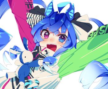 1girl @_@ ahoge animal_ears aqua_hair arms_up blue_eyes blue_hair blush bow crossed_bangs drawstring hair_bow hashtag-only_commentary heterochromia highres hood hoodie horse_ears horse_girl long_sleeves looking_at_viewer multicolored_hair multicolored_hoodie open_mouth purple_eyes sharp_teeth sidelocks simple_background solo star_(symbol) star_in_eye striped_bow stuffed_animal stuffed_rabbit stuffed_toy sui_is_dead symbol_in_eye teeth twin_turbo_(blast_mode!_turbo_engine)_(umamusume) twin_turbo_(umamusume) twintails two-tone_hair umamusume upper_body upper_teeth_only white_background