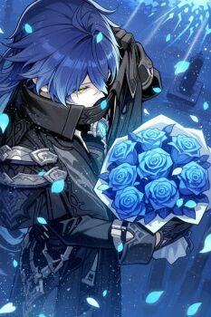 1boy black_gloves blue_flower blue_rose flins_(genshin_impact) flower genshin_impact gloves highres holding holding_flower long_hair long_sleeves pale_skin rose solo tama_ai554 tombstone yellow_eyes