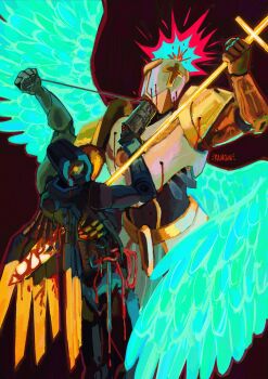 Rule 34 | absurdres, aqua wings, armor, artist name, blood, commentary, english commentary, feathered wings, firing, full armor, gabriel (ultrakill), gun, highres, holding, holding gun, holding polearm, holding weapon, humanoid robot, injury, male focus, mechanical wings, polearm, ramqiu, robot, shoulder armor, ultrakill, v1 (ultrakill), weapon, wings, yellow wings