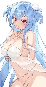 1girl absurdres bao_the_whale blue_hair breasts cleavage closed_mouth commentary cowboy_shot fingerless_gloves flower garter_straps gloves hair_between_eyes hair_flower hair_ornament hand_up highres indie_virtual_youtuber jewelry large_breasts long_hair looking_at_viewer navel necklace o_t_o_(3u9c6) panties pearl_choker pearl_necklace red_eyes solo star_(symbol) star_necklace thigh_strap thighs tiara underwear very_long_hair virtual_youtuber white_background white_flower white_garter_straps white_gloves white_panties