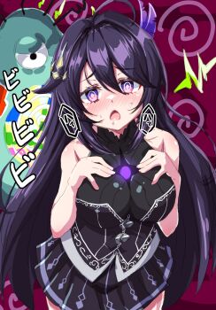 1girl @_@ ahoge black_dress blush breasts commentary_request creature dress duel_masters duel_masters_play's hair_between_eyes hair_ornament hands_on_own_chest highres hypnosis long_hair mind_control multicolored_eyes musan_(mu34mi) noin_(duel_masters) open_mouth pink_hair purple_eyes purple_hair purple_skirt see-through_cleavage see-through_clothes skirt sweatdrop