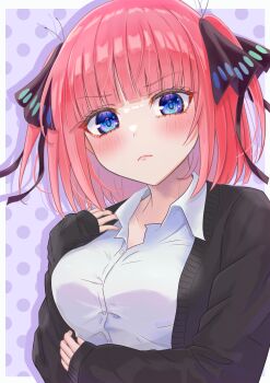 1girl absurdres black_cardigan black_ribbon blue_eyes blunt_bangs blush bob_cut breasts butterfly_hair_ornament cardigan closed_mouth collared_shirt commentary_request go-toubun_no_hanayome hair_ornament hair_ribbon highres long_sleeves looking_at_viewer nakano_nino open_cardigan open_clothes pink_hair purple_background ribbon shirt short_hair solo tsundere two_side_up white_shirt