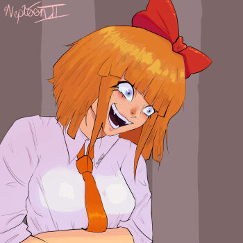 Rule 34 | 1girl, blunt bangs, bow, crying, crying with eyes open, freckles, grey eyes, hair bow, happy tears, highres, laughing, long sleeves, looking down, medium hair, mymy schoppenboer, necktie, neptoon ii, ongezellig, open mouth, orange hair, orange necktie, red bow, shirt, sleeves rolled up, smile, solo, tears, white shirt