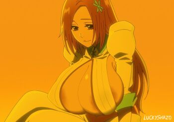 1girl areola_slip bleach bleach:_sennen_kessen-hen breasts huge_breasts inoue_orihime large_breasts luckyshazo orange_hair screencap solo third-party_edit