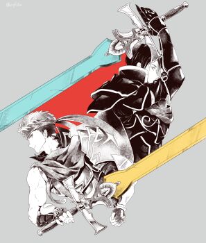 Rule 34 | 2boys, alondite, armor, commentary request, cropped torso, eifilet, fire emblem, fire emblem: radiant dawn, greyscale, headband, highres, holding, holding sword, holding weapon, ike (fire emblem), ike (vanguard legend) (fire emblem), male focus, monochrome, multiple boys, nintendo, ragnell, short hair, simple background, spoilers, spot color, sword, weapon, zelgius (fire emblem), zelgius (jet-black general) (fire emblem)