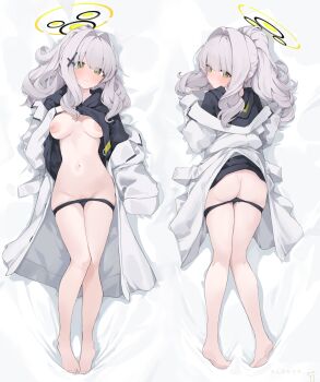 1girl absurdres ass barefoot black_panties blue_archive blush breasts commentary dakimakura_(medium) green_eyes grey_hair halo hare_(blue_archive) highres hood long_hair medium_breasts mikozin multiple_views navel nipples panties panty_pull ponytail underwear