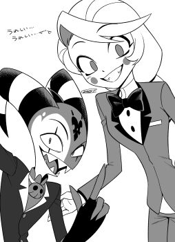 1boy 1girl :d absurdres blitzo_(helluva_boss) bow bowtie brooch charlie_morningstar circle_facial_mark commentary_request cowboy_shot curtained_hair demon_boy demon_horns fewer_digits greyscale grin hand_up hazbin_hotel hellaverse helluva_boss highres horns index_finger_raised jacket jewelry lapels leaning_forward long_hair long_sleeves looking_at_viewer menma_(enaic31) monochrome multicolored_horns notched_lapels open_mouth scar_across_eyes sharp_teeth shirt signature simple_background skull_brooch smile standing striped_horns swept_bangs teeth tongue traditional_bowtie translation_request two-tone_horns upper_body white_background