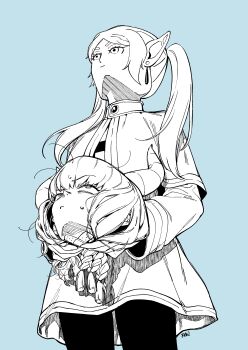 2girls absurdres aura_(sousou_no_frieren) aura_bullying_(meme) bad_anatomy bad_face bandaid braid capelet crossed_bandaids demon_girl demon_horns disembodied_head earrings elf f.w.zholic frieren from_below highres holding horns jewelry light_smile long_hair long_pointy_ears looking_up low-braided_long_hair low-tied_long_hair meme monochrome multiple_braids multiple_girls parted_bangs pointy_ears simple_background sousou_no_frieren sweatdrop teardrop_earrings twintails upward_angle_frieren_drawing_(meme)