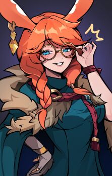 Rule 34 | 1girl, absurdres, adjusting eyewear, animal ear piercing, animal ears, aurora (league of legends), black background, blue eyes, blue hair, blush, braid, breasts, brown-framed eyewear, commentary, english commentary, freckles, glasses, grin, highres, large breasts, league of legends, low twin braids, open mouth, rabbit ears, rabbit girl, red hair, round eyewear, rukiadaichi, smile, solo, teeth, twin braids, upper body