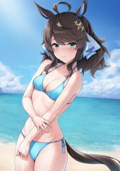1girl absurdres ahoge animal_ears bikini blue_bikini blue_eyes blue_ribbon blue_sky breasts cloud commentary_request commission daring_tact_(umamusume) day hair_ornament hair_ribbon henria highres horse_ears horse_girl horse_tail long_hair looking_at_viewer lowleg lowleg_bikini medium_breasts outdoors ribbon side-tie_bikini_bottom skeb_commission sky solo standing swimsuit tail thighs umamusume very_long_hair
