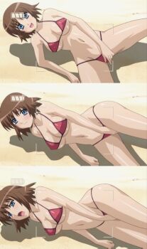 15_bishoujo_hyouryuuki 1girl animated animated_gif battery_indicator beach bikini bouncing_breasts breasts brown_hair crotch_rub fingering large_breasts masturbation navel satake_hikari short_hair split_screen swimsuit