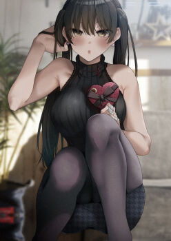 1girl adjusting_hair arm_up armpit_crease bandaged_fingers bandages bare_arms black_hair black_pantyhose black_sweater blue_skirt blurry blurry_background bow box breasts brown_bow brown_eyes commentary_request day earrings eyes_visible_through_hair feet_out_of_frame gift grey_skirt hair_between_eyes hand_in_own_hair hand_up heart-shaped_box highres holding holding_box holding_gift houndstooth indoors jewelry knees_together_feet_apart konata_(kankin_jk) large_breasts legs long_hair looking_at_viewer miniskirt mishiranu_joshikousei_ni_kankin_sareta_mangaka_no_hanashi no_mask pantyhose parted_lips pencil_skirt photo_background plant potted_plant ribbed_sweater ryouma_(galley) skindentation skirt sleeveless sleeveless_sweater solo squatting sweater turtleneck turtleneck_sweater two_side_up valentine