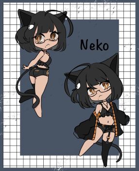 ahoge animal_ears animal_hands birthmark black_cat black_hair black_shorts bow cat cat_ears cat_girl cat_paws cat_tail checkered_background chibi crop_top dark_skin glasses highres huge_ahoge indie_virtual_youtuber midriff navel nek0roe nek0roe_(artist) orange_eyes oversized_clothes reference_sheet shorts single_off_shoulder single_thighhigh sweater tail tank_top thighhighs virtual_youtuber